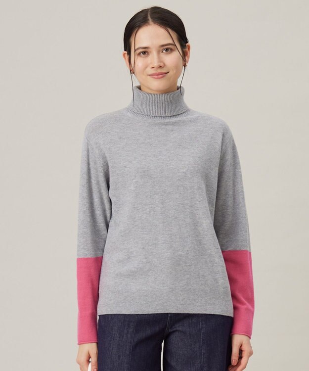 自由区 【洗える】セミウーステッドウールタートルネック ニット ライトグレー×ピンク