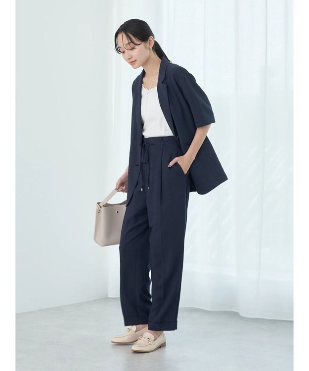 earth music&ecology リネンライク５分袖ジャケット Navy