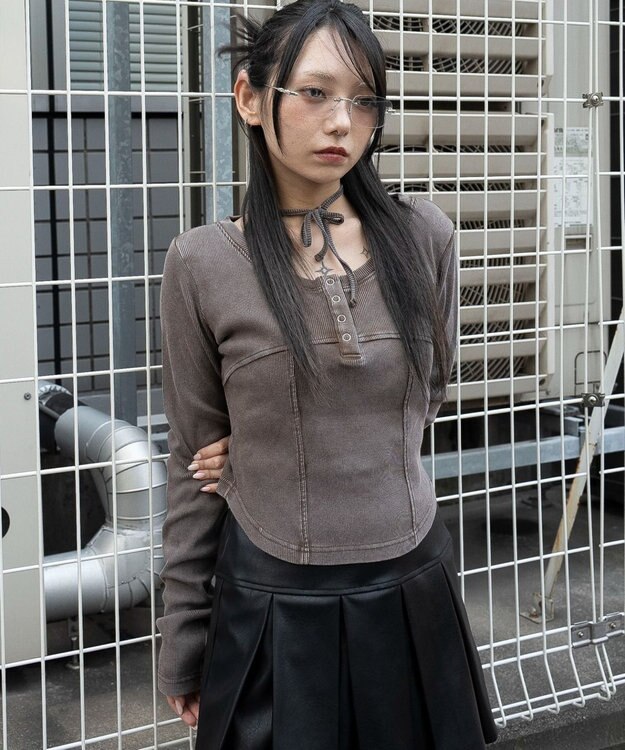 WEGO ヴィンテージウォッシュネックリボントップス ブラウン