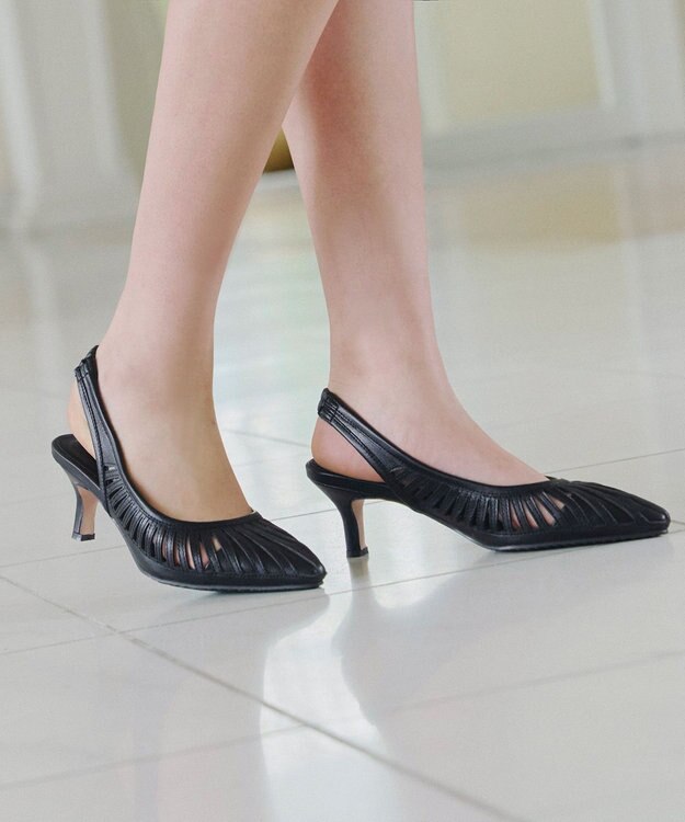 Tiaclasse 【小倉優子さん着用・フラット&ヒール2TYPE】ケージデザインシアーパンプス ヒール：ブラック