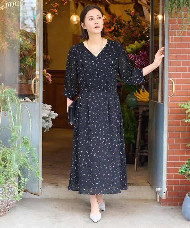 自由区 L 【洗える】ドローイングタッチプリント ワンピース ネイビー系5