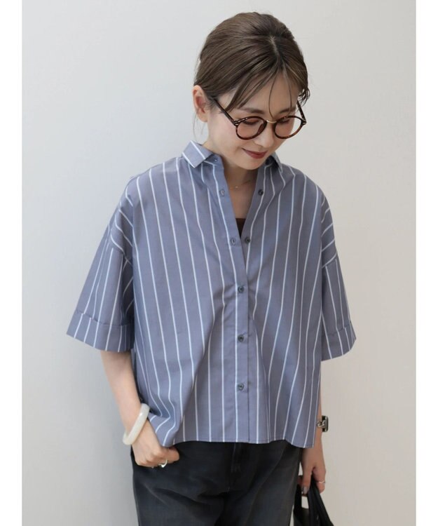 AMERICAN HOLIC イージーケア５分袖バックタックシャツ Stripe Navy