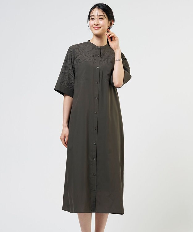 J.PRESS LADIES L 【WEB限定カラーあり】エンブロイダリー シャツ ワンピース ダークブラウン系