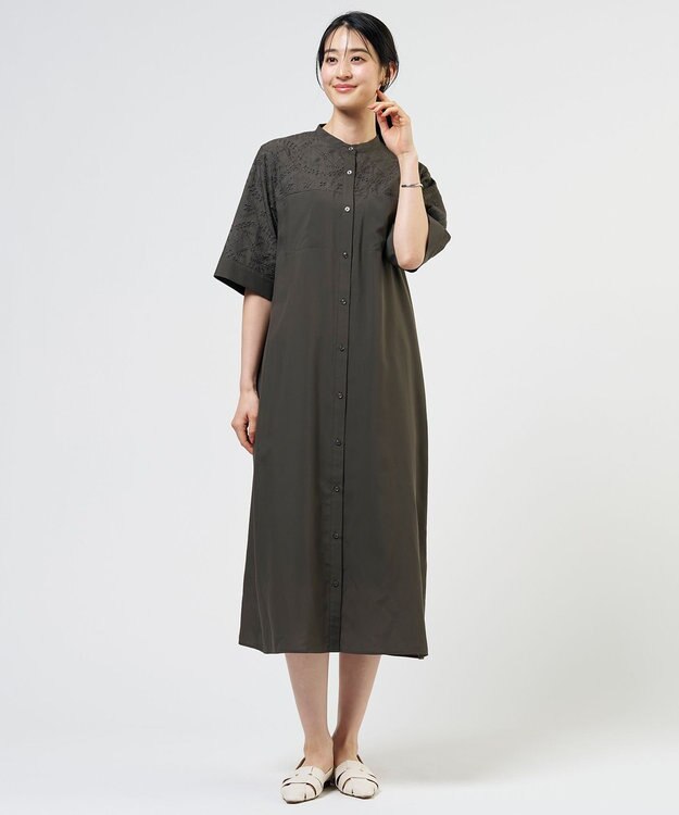 J.PRESS LADIES L 【WEB限定カラーあり】エンブロイダリー シャツ ワンピース ダークブラウン系