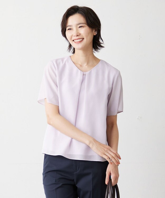 J.PRESS LADIES 【イージーケア】シアーストライプ カットソー ふじ色系