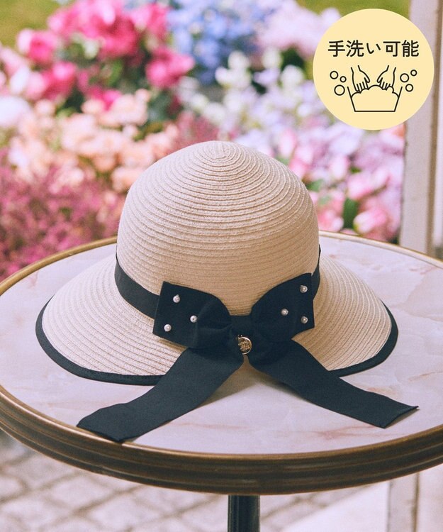 Maison de FLEUR 【手洗い可能】パールリボンスリットハット Black