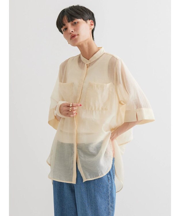 AMERICAN HOLIC シアーバックフレアＷポケットシャツチュニック Ivory