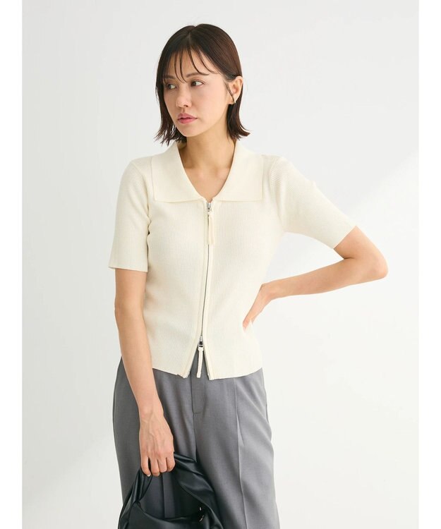 Green Parks ５分袖衿付きＺｉｐプルオーバー Ecru