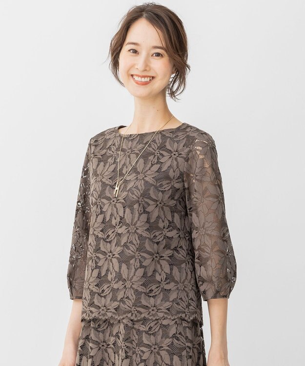 自由区 【洗える】フラワーコードレース ペプラムブラウス カーキ系