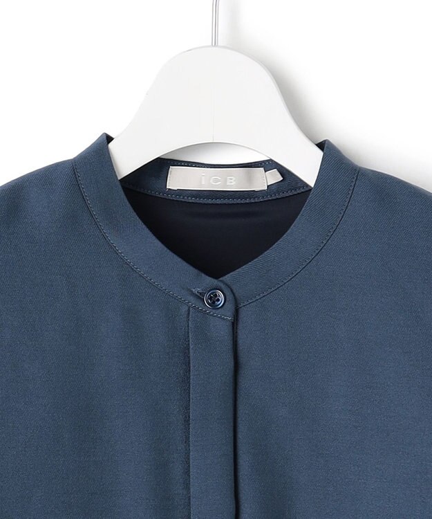 ICB 【洗える】ウールワッシャーツイル シャツドッキング ワンピース ブルーグレー×ブラック