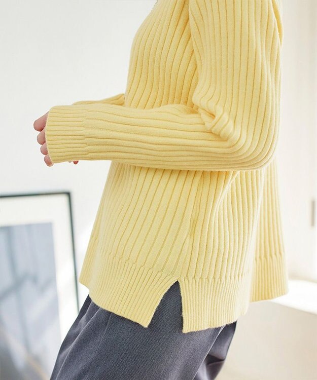 Tiaclasse L 【洗える】Vネックリブ編みニット イエロー