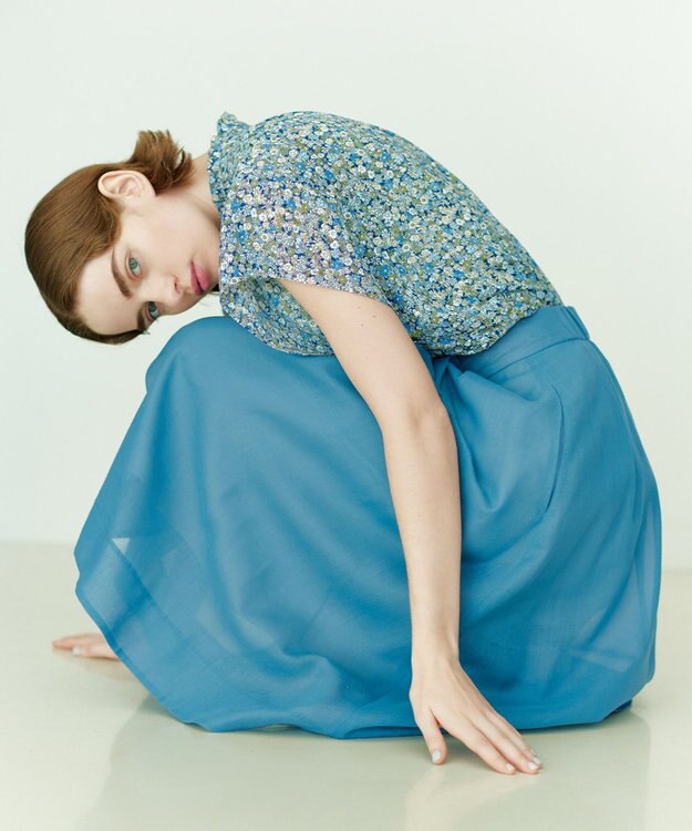 組曲 L 【洗える・シワになりにくい】カラーボイル シアーフレアスカート ダスティブルー系