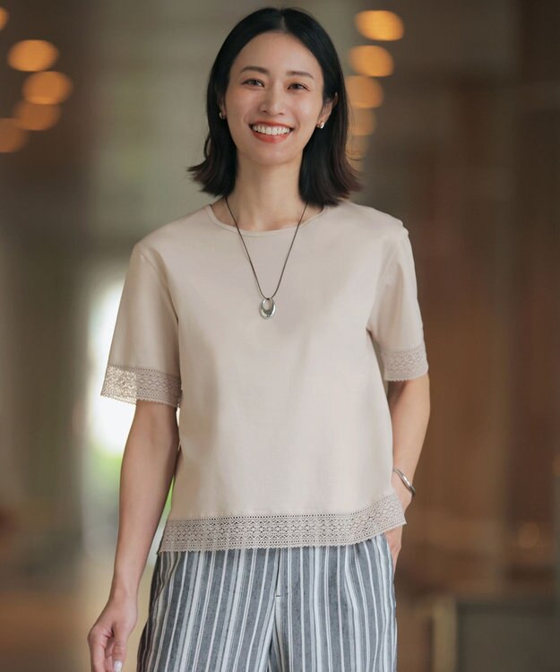 J.PRESS LADIES 【一枚で着映え】コットンスムース レース カットソー グレージュ系