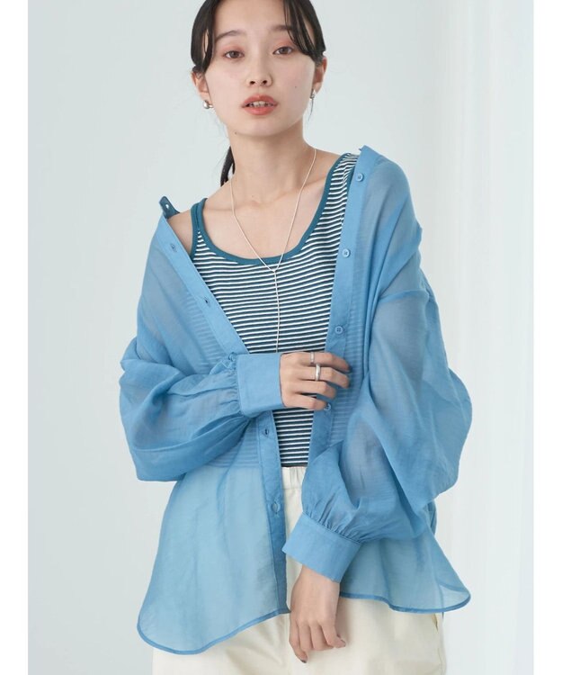 earth music&ecology シアーバンドカラーシャツ Blue