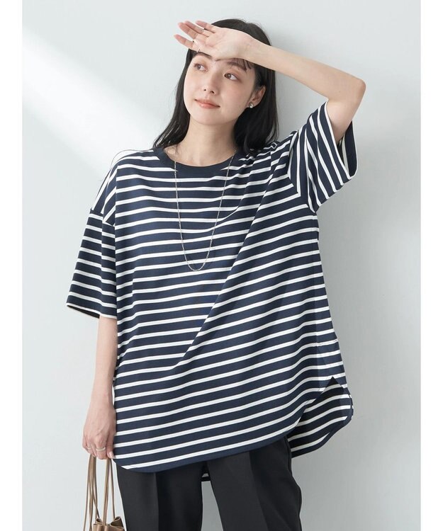 earth music&ecology ラウンドチュニックＴ Border Navy