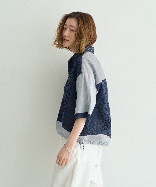 YECCA VECCA レースMIXレイヤードハーフスリーブシャツ Stripe