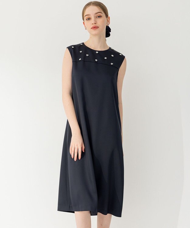 23区 【APPLAUDIR】ノーブルサテン ビジューデザインドレス ネイビー系