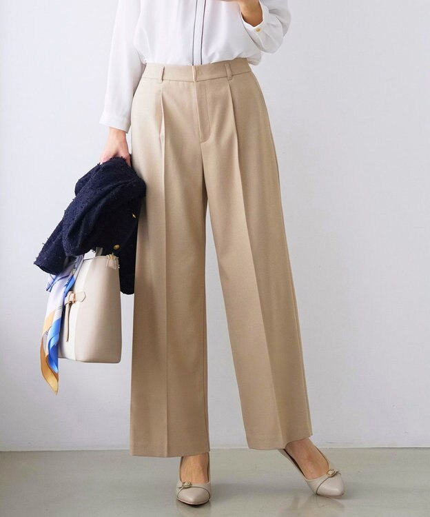 ANY SIS 褒めらレディストレッチ ワイドパンツ ベージュシャンブレー