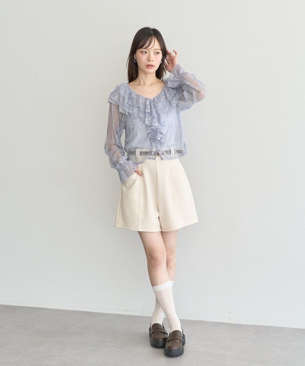 earth music&ecology ＳＥＴ２点ラッフルレースブラウス＋キャミソール Grayish Blue