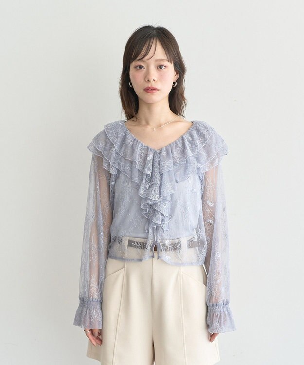 earth music&ecology ＳＥＴ２点ラッフルレースブラウス＋キャミソール Grayish Blue