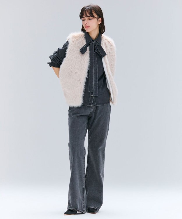 BEIGE， 【洗える・BAILA 11月号掲載】MARKEL / ボウタイ付きシャツカラーデニムシャツ Slate