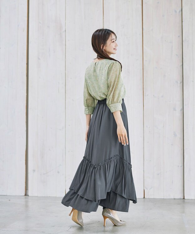 Tiaclasse 【洗える】ギャザーフリルティアードスカート チャコールグレー