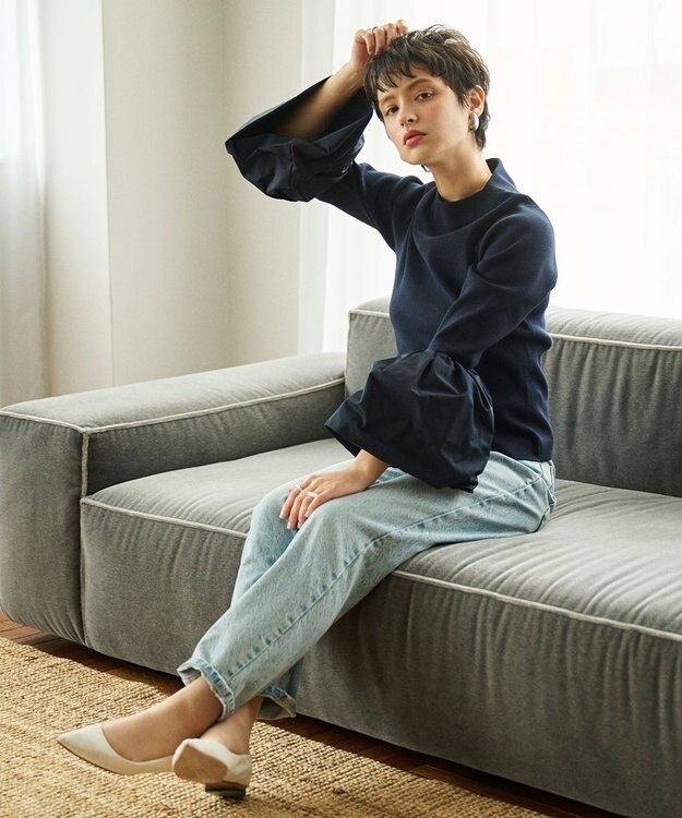 #Newans 【洗える】コンビネーションベルスリーブニット ネイビー