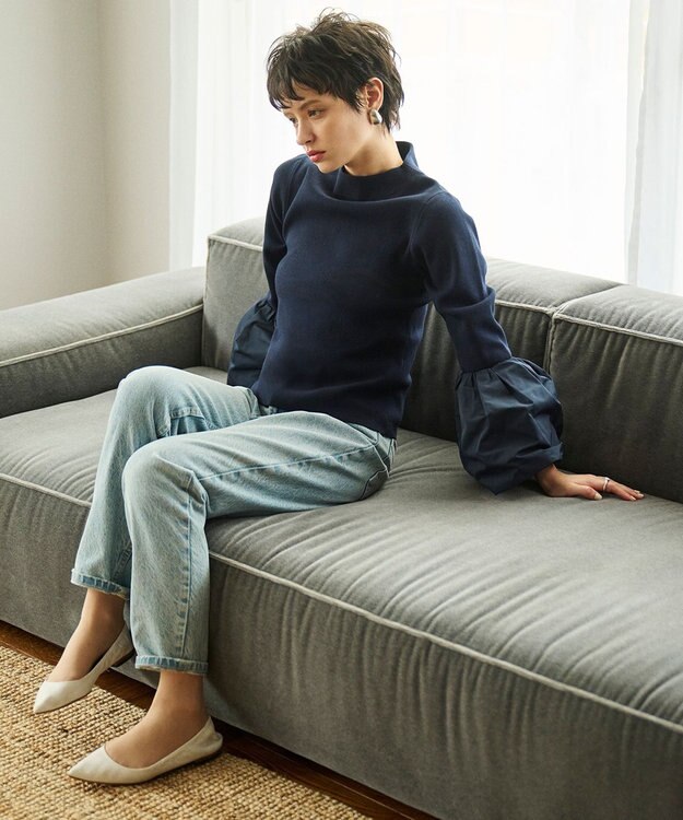 #Newans 【洗える】コンビネーションベルスリーブニット ネイビー