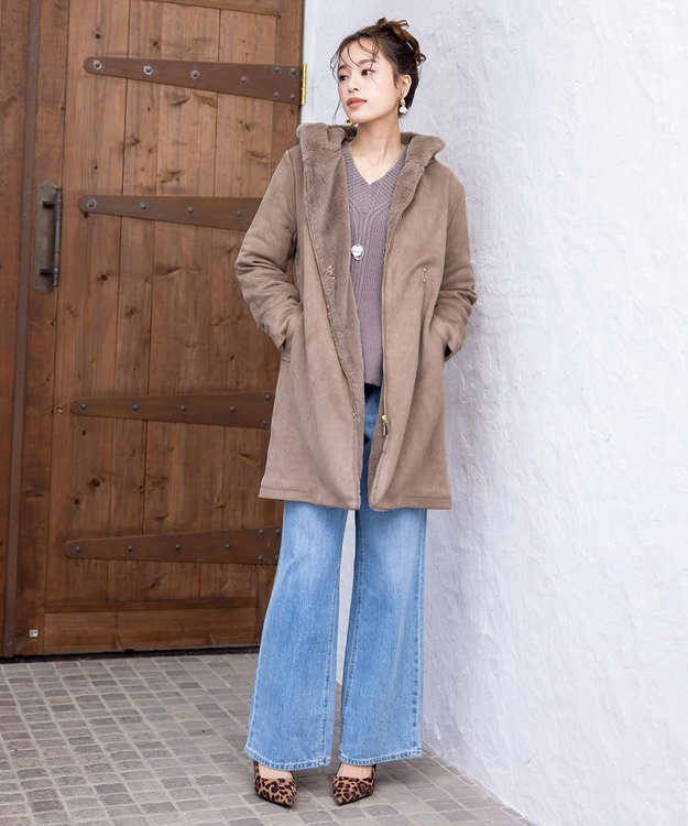 Tiaclasse スエードボンディグフード付きコート モカ