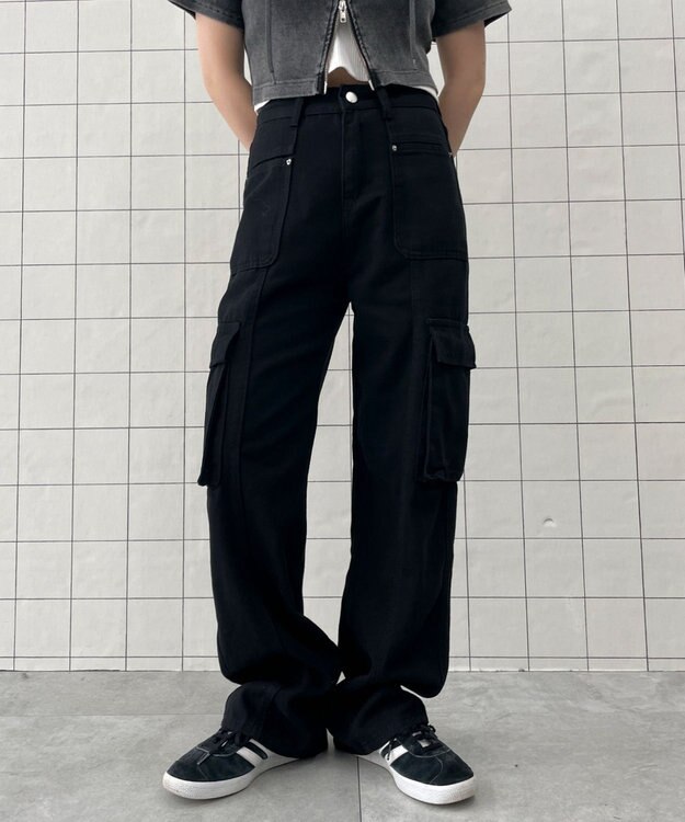 WEGO マルチポケットワイドカーゴパンツ ブラック