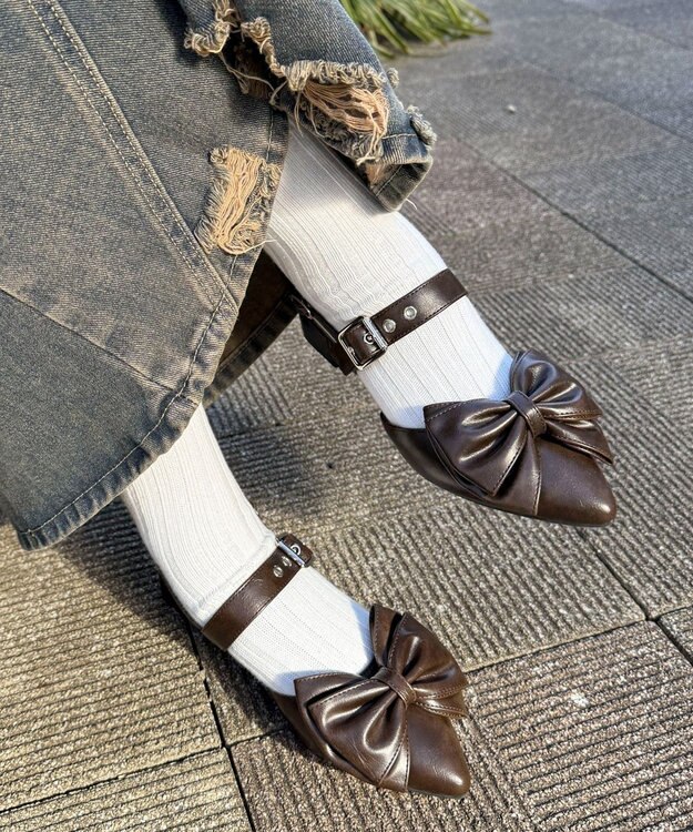 WEGO ダブルリボンポインテッドシューズ ブラウン