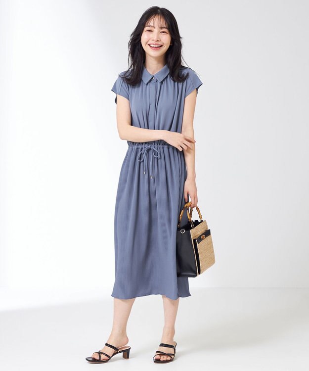 ANY SIS 【接触冷感・吸水速乾・UVケア】エアリードレープスムースプリーツ ワンピース スモーキーブルー