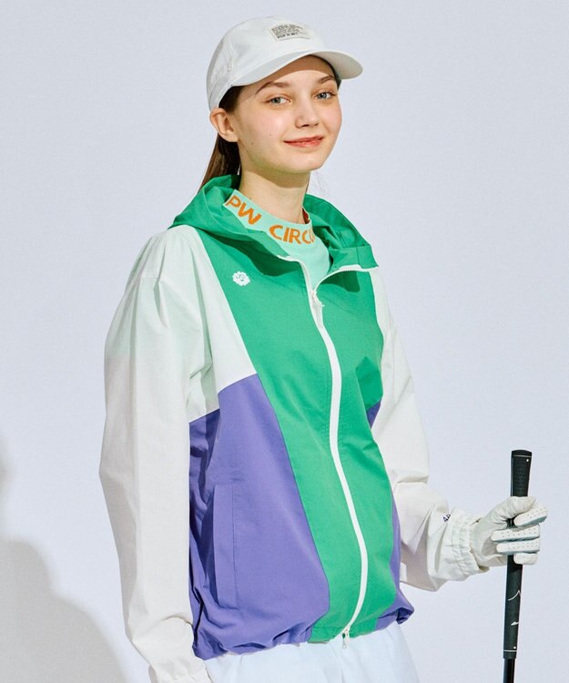 PW CIRCULUS 【撥水加工/ストレッチ】【WOMEN】カラーブロッキング ブルゾン ゴルフウェア レディース ピーコックグリーン系