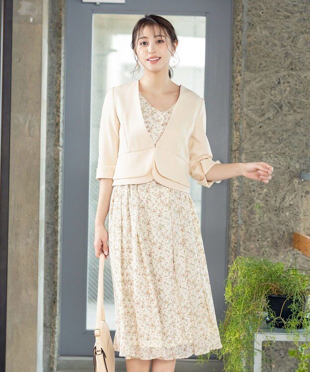 Tiaclasse L 【洗える】程良い透け感のシフォン花柄フレンチワンピース オフフラワー