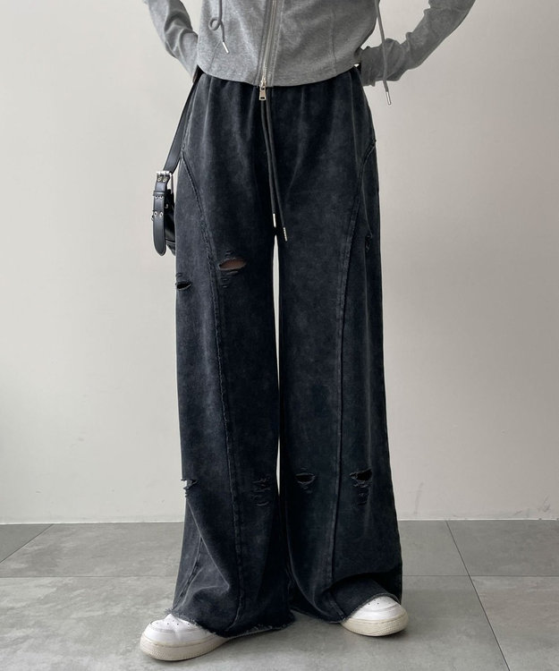 WEGO 【ウエストゴム】ヴィンテージウォッシュスウェットワイドパンツ ブラックその他