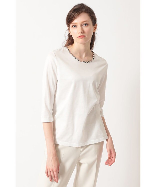 DAKS ハウスチェックトリム七分袖カットソー ホワイト