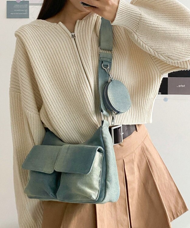 WEGO ポーチ付きポケットデザインショルダー デニム淡加工色