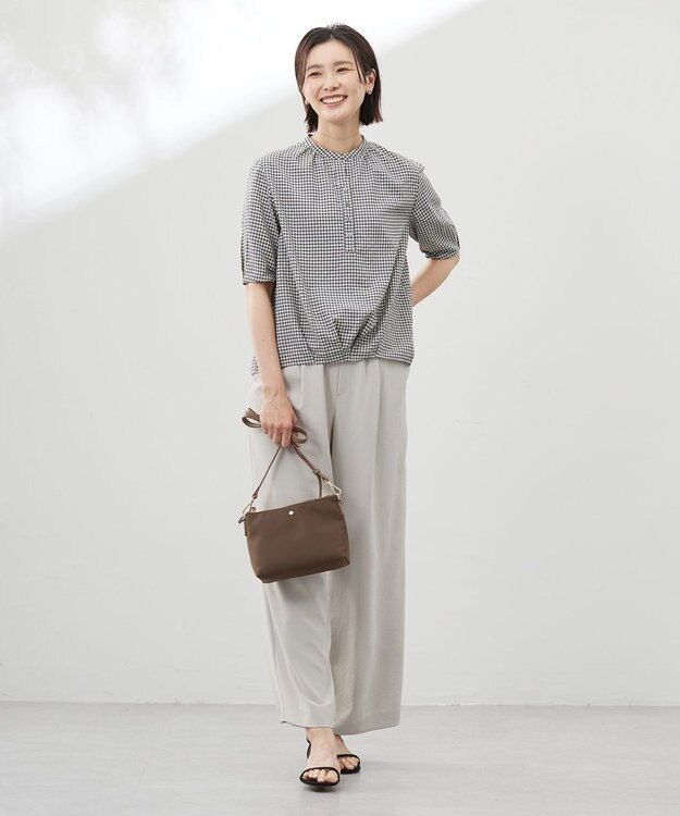 J.PRESS LADIES S 【洗える】アセVisギンガム バンドカラー ブラウス スレート×ベージュ系