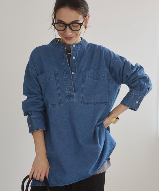 WEGO 【ANGIE VINTAGE】襟が選べる デニム チュニック シャツ （バンドカラー/レギュラーカラー） ブルー