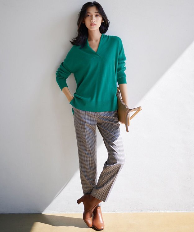 23区 ウールミルドストレッチチェック テーパードパンツ キャメルチェック