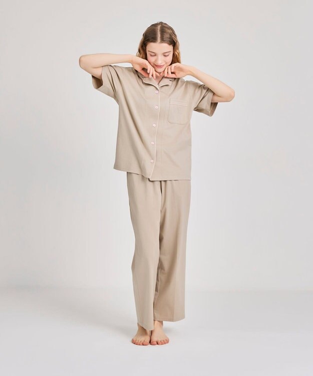 une nana cool 【綿100%】60/2 やわらか天竺 半袖開襟パジャマ MADE WITH LIBERTY FABRIC タン