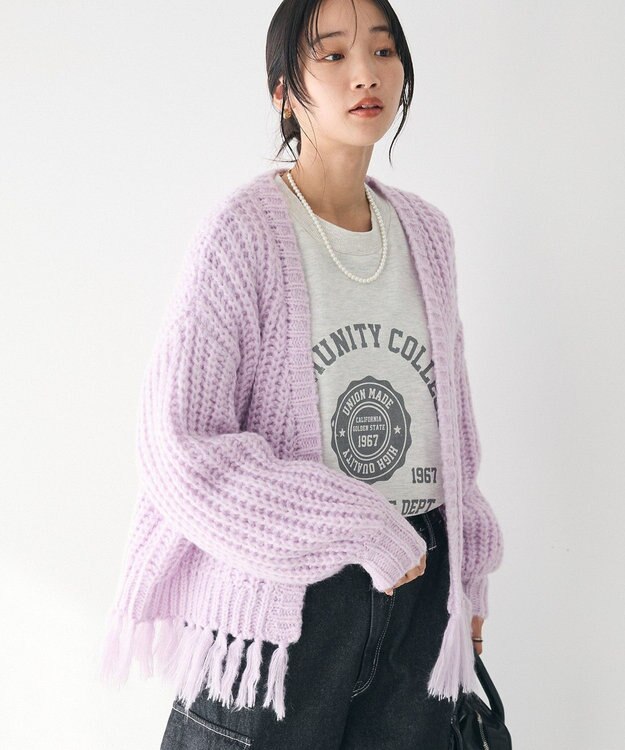 CRAFT STANDARD BOUTIQUE 洗える/フリンジニットカーディガン Purple
