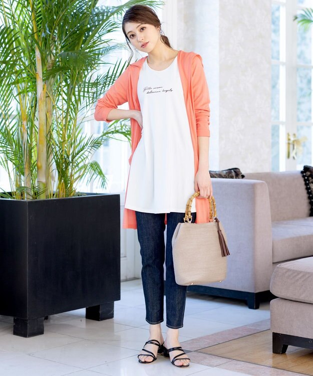 Tiaclasse L 【洗える新色追加・洗える】サマーニットフードロングカーディガン コーラル