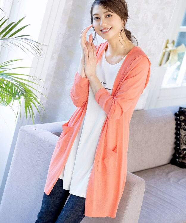 Tiaclasse L 【洗える新色追加・洗える】サマーニットフードロングカーディガン コーラル