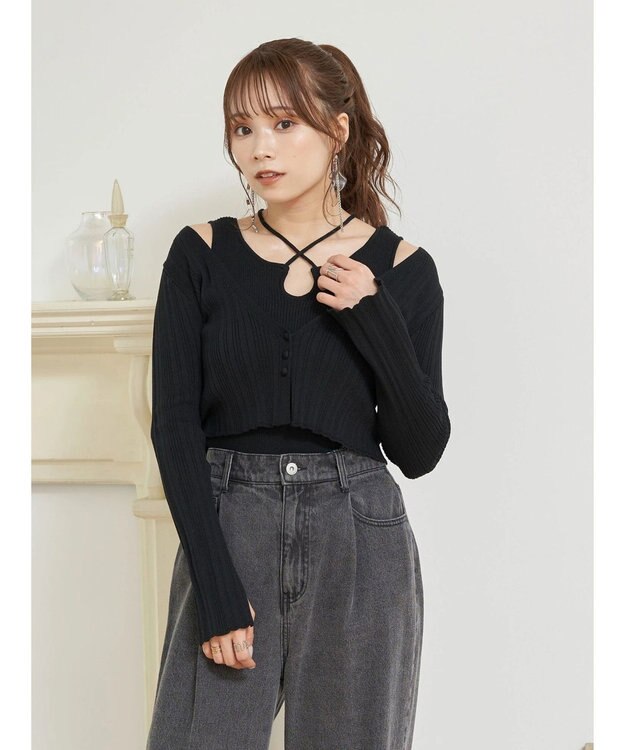 earth music&ecology ＳＥＴ２点ショートカーディガン＋レイヤードタンク Black