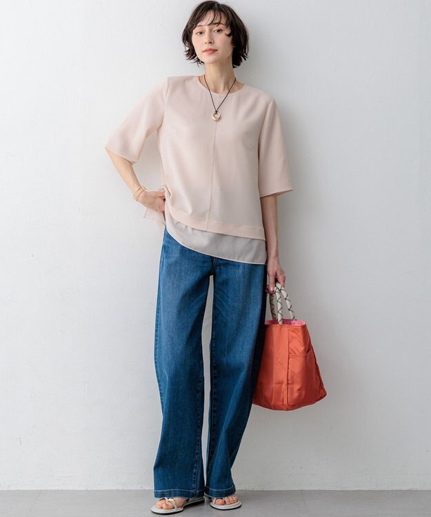 23区 【新色追加】ストレッチジョーゼット シアーコンビ カットソー ピンク系