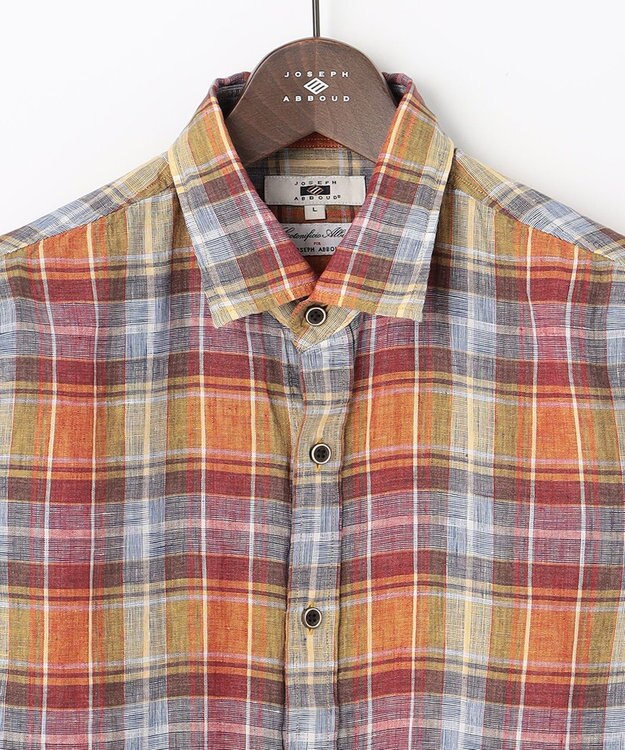 JOSEPH ABBOUD 【キングサイズ・アルビニリネン】チェック七分袖シャツ オレンジ系4