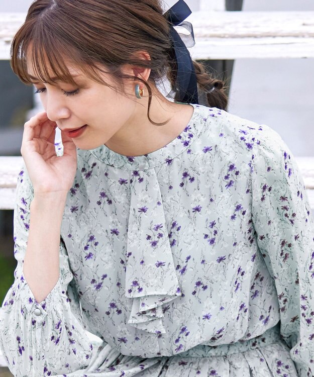 Tiaclasse L 【新色追加・洗える】花柄フリルドレープワンピース ミント