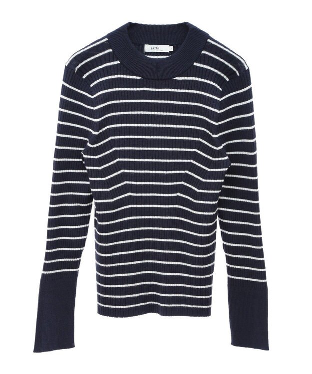 earth music&ecology スリーブ釦ニットプルオーバー Border Navy