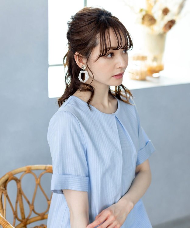 Tiaclasse 【洗える】体型カバーも叶う幅広カフスチュニックブラウス サックスストライプ